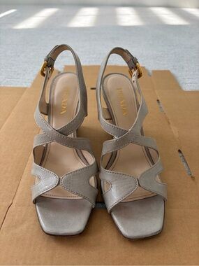 PRADA Grey Leather Strappy Wedge Size 36